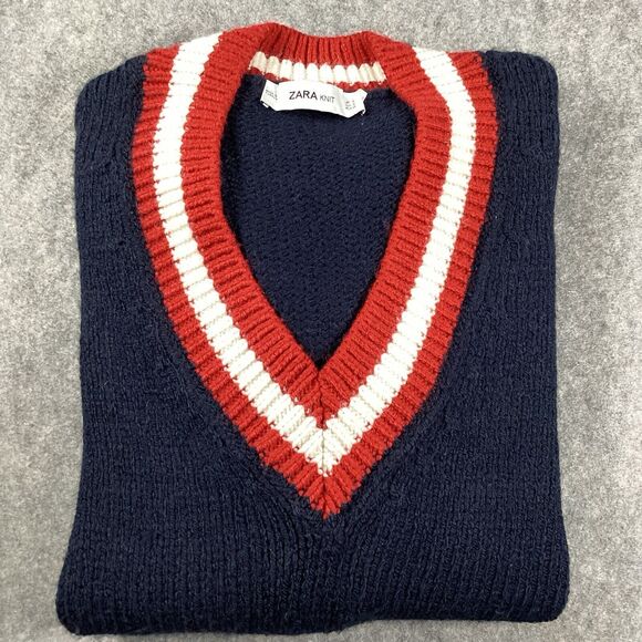 Zara Oversized V Neck Collegiate Preppy Knit Sweater Navy Red White Size Small - Picture 13 of 15